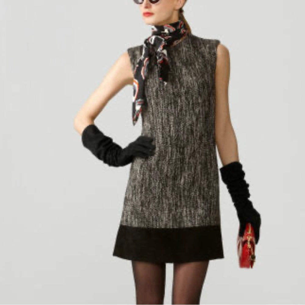 Milly sleeveless wool blend mini dress with suede hem